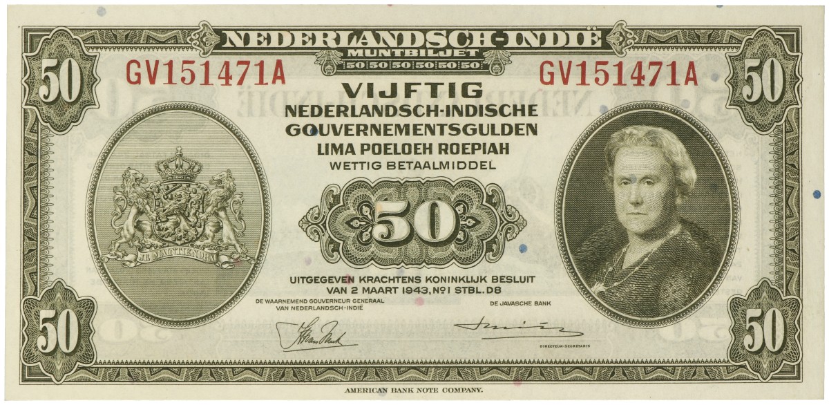 Netherlands-Indies. 50 Gulden. Muntbiljet. Type 1943. - About UNC.