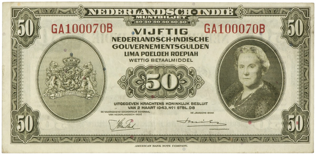 Netherlands-Indies. 50 Gulden. Muntbiljet. Type 1943. - Very fine +.