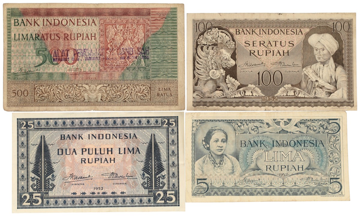 Indonesia. 5/25/100/500 Rupiah. Banknotes. Type 1952. - Fine / Very fine.