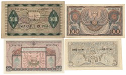 Indonesia. 5/25/100/500 Rupiah. Banknotes. Type 1952. - Fine / Very fine.