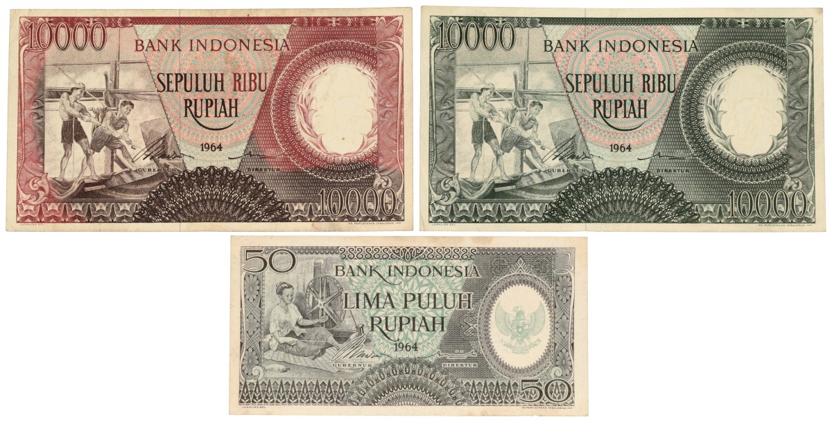 Indonesia. 50/10000/10000 Rupiah. Banknotes. Type 1964. - Very fine / Extremely fine.