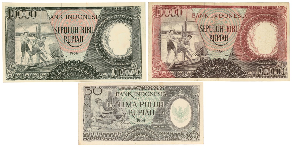 Indonesia. 50/10000/10000 Rupiah. Banknotes. Type 1964. - Very fine / Extremely fine.