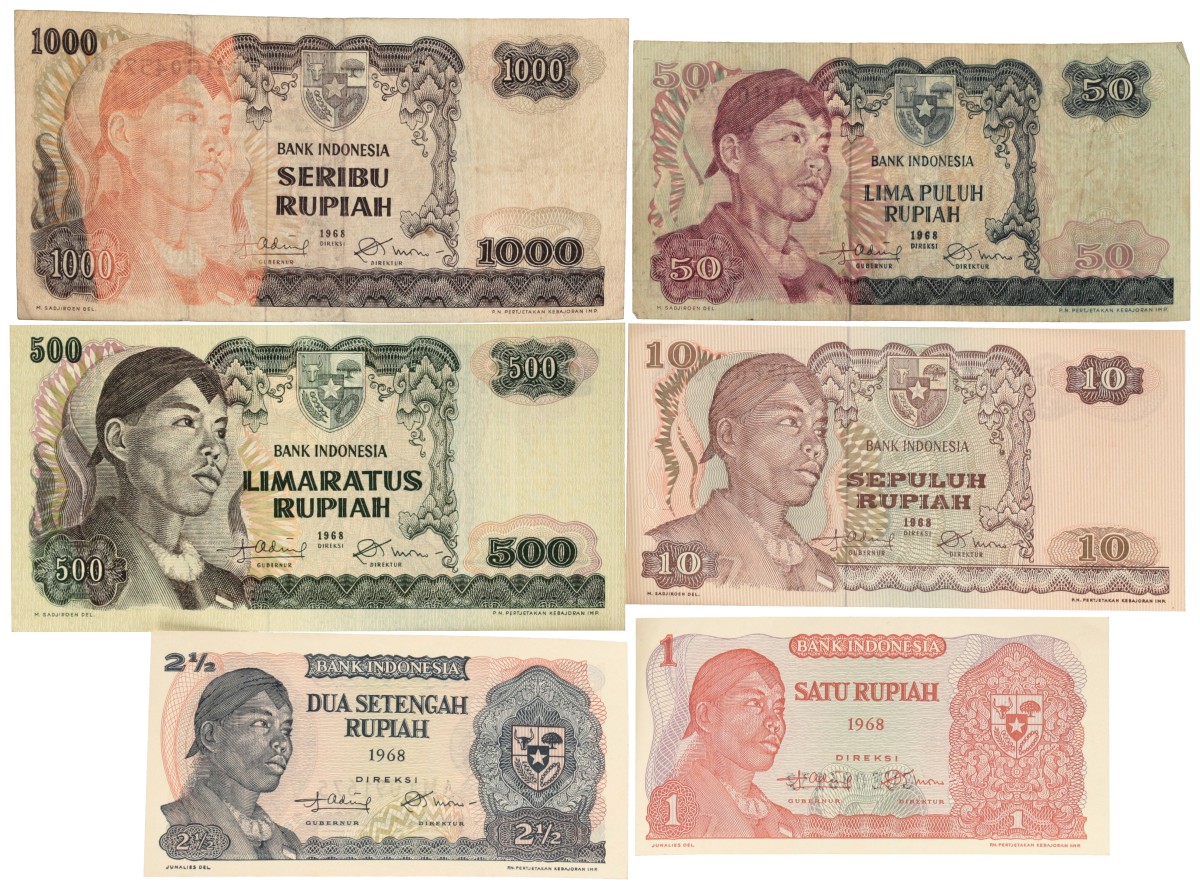 Indonesia. 1/2½/10/50/500/1000 Rupiah. Banknotes. Type 1968. - Very fine – UNC.