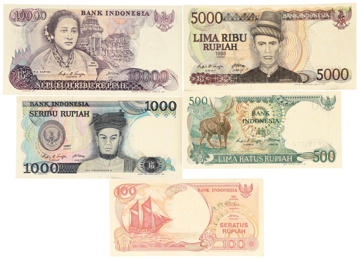 Indonesia. 100/500/1000/5000/10000 Rupiah. Banknotes. Type 1985-1992. - UNC.