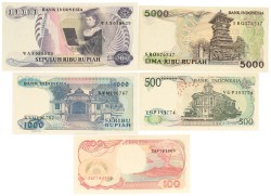 Indonesia. 100/500/1000/5000/10000 Rupiah. Banknotes. Type 1985-1992. - UNC.