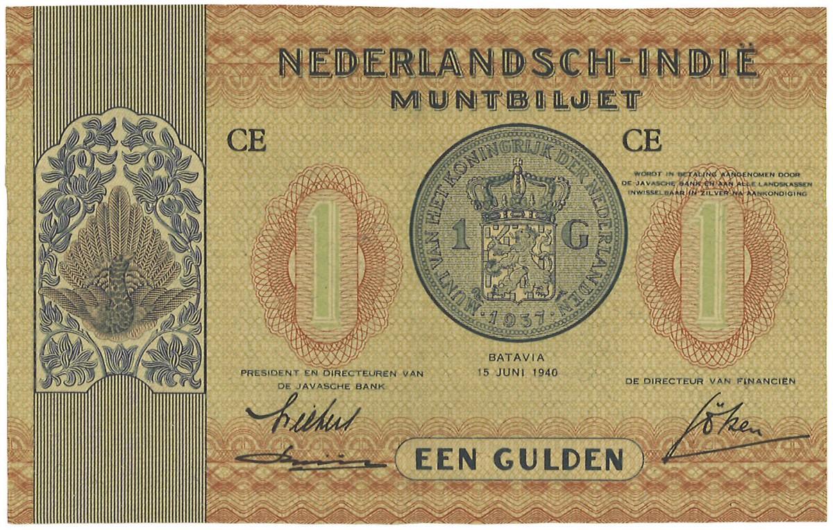 Netherlands-Indies. 1 Gulden. Muntbiljet. Type 1940. - Extremely fine.