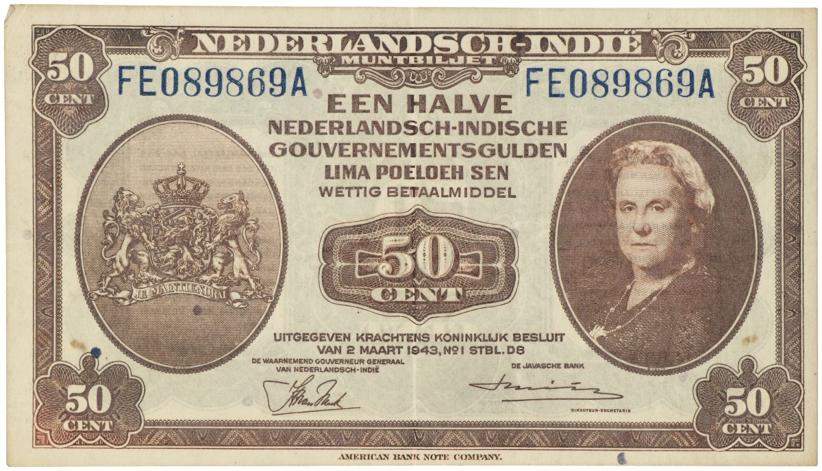 Netherlands-Indies. ½ Gulden. Muntbiljet. Type 1943. - Very fine.