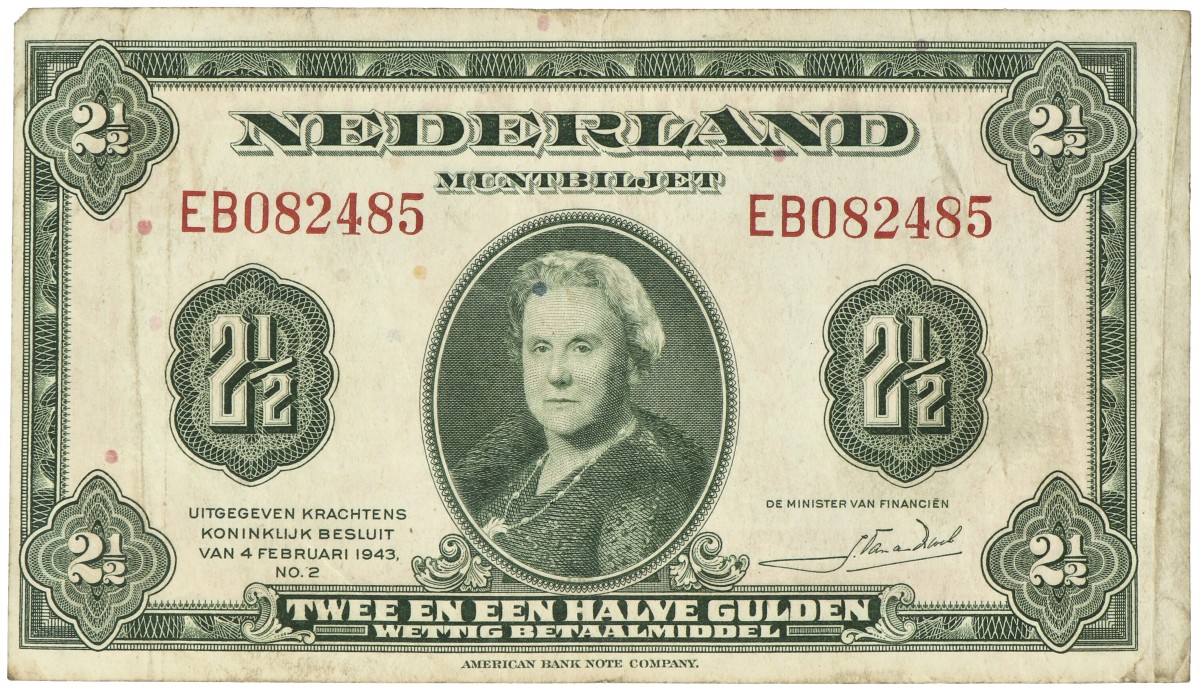 Nederland. 2½ Gulden. Misdruk. Type 1943. - Prachtig.