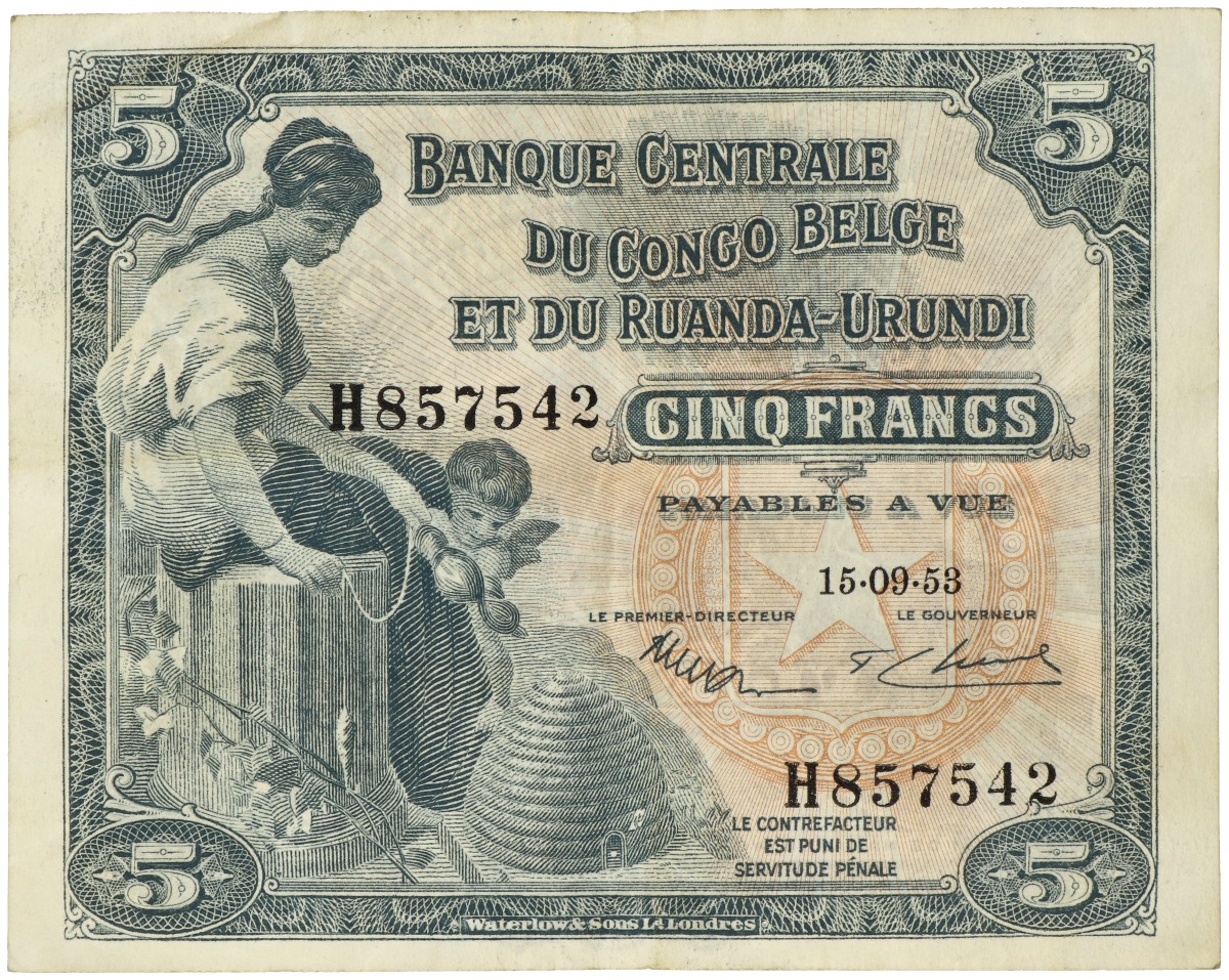 Belgian Congo. 5 Francs. Banknote. Type 1953. - Very fine.