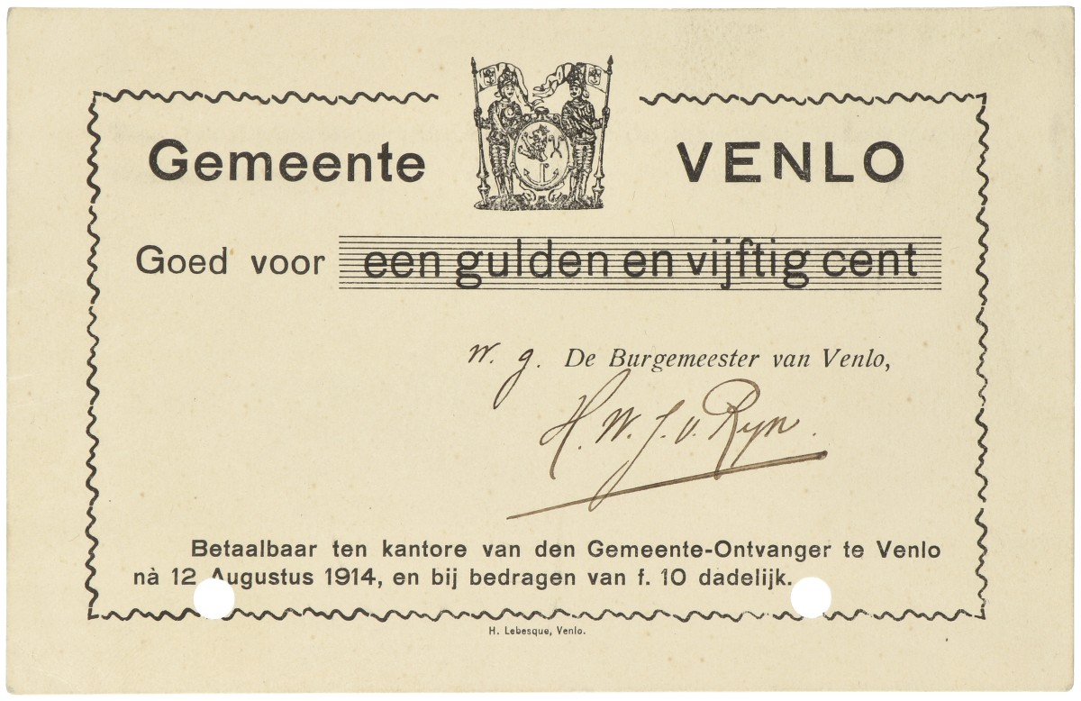 Nederland. 1,5 Gulden. Noodgeld. Type 1914. Type Venlo. - Prachtig.