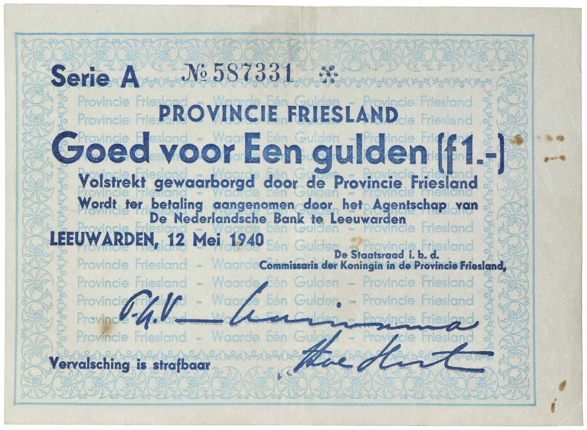 Nederland. 1 Gulden. Noodgeld. Type 1940. Type Friesland. - Zeer Fraai.