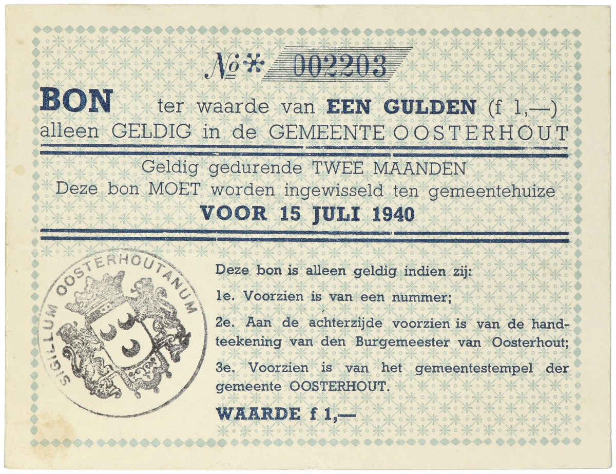 Nederland. 1 Gulden. Noodgeld. Type 1940. Type Oosterhout. - Zeer Fraai.