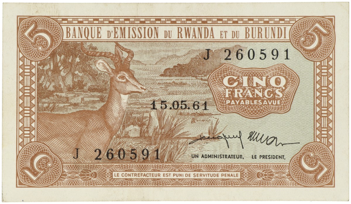 Rwanda - Burundi. 5 Francs. Banknote. Type 1961. - Extremely fine.