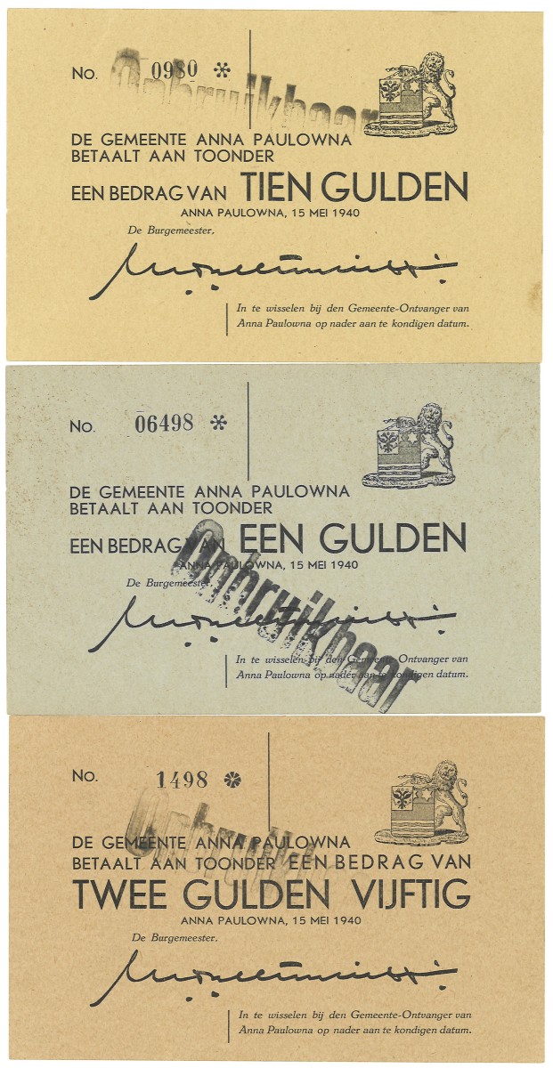 Nederland. 1 Gulden / 2,5 Gulden / 10 Gulden. Noodgeld. Type 1940. Type Anna Paulowna. - Prachtig.