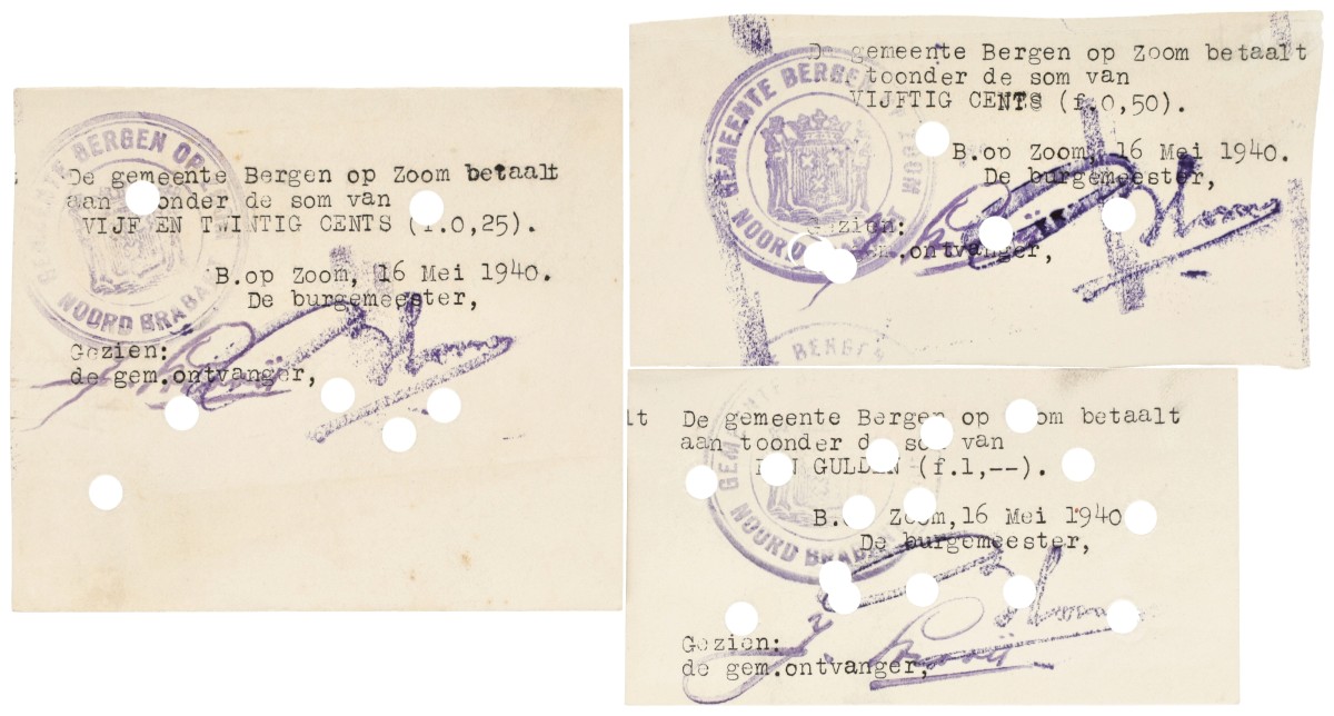 Nederland. 25 cent / 50 Cent / 1 Gulden. Noodgeld. Type 1940. Type Bergen op Zoom. - Prachtig.