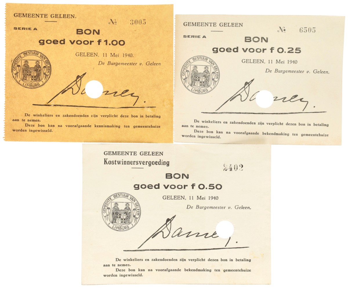 Nederland. 25 cent UNC / 50 cent Zeer Fraai/Prachtig / 1 Gulden Prachtig. Noodgeld. Type 1940. Type Geleen.