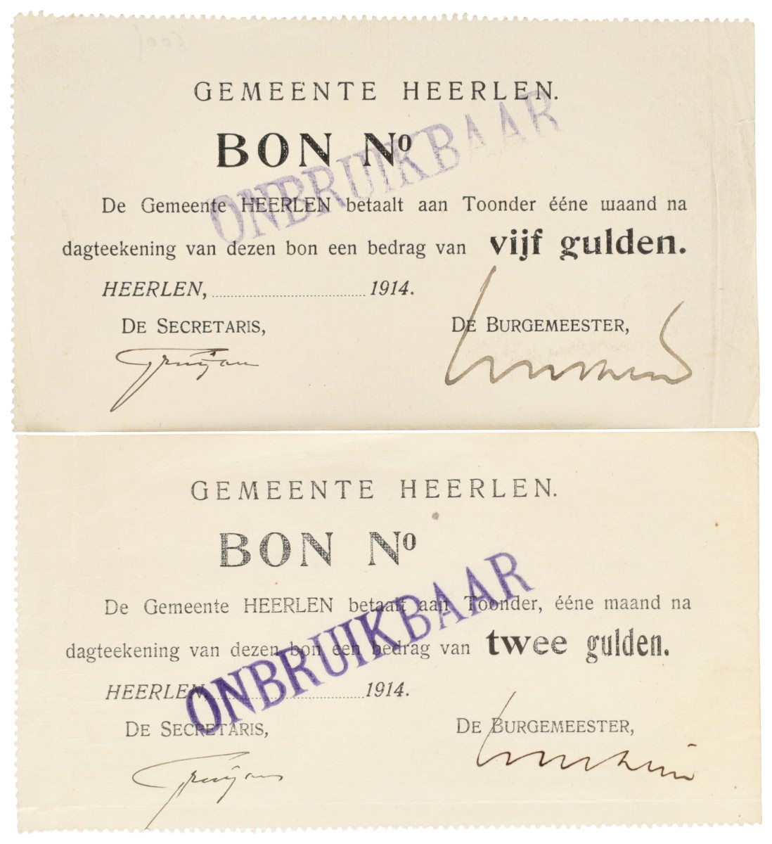 Nederland. 2 Gulden / 5 Gulden. Noodgeld. Type 1914. Type Heerlen. - Zeer Fraai / Prachtig.