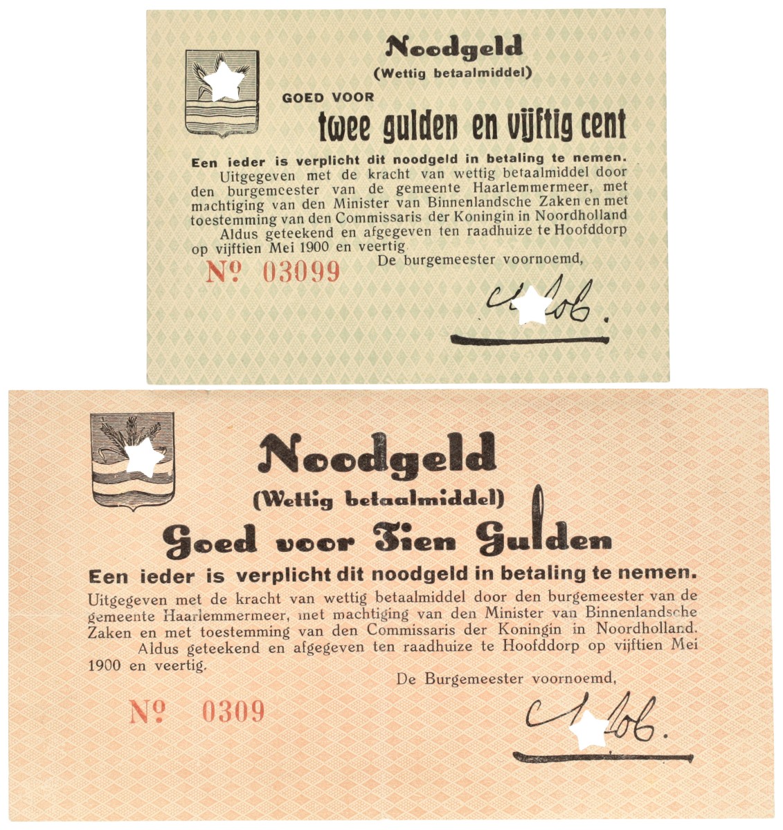 Nederland. 2,5 Gulden UNC / 10 Gulden Zeer Fraai/Prachtig. Noodgeld. Type 1940. Type Haarlemmermeer.