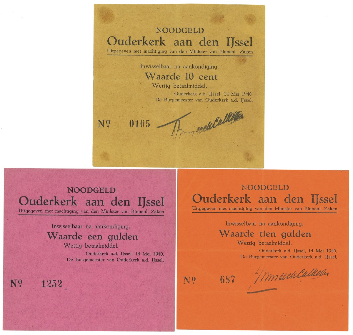 Nederland. 10 Cent Zeer Fraai / 1 Gulden UNC / 10 Gulden Zeer Fraai. Noodgeld. Type 1940.