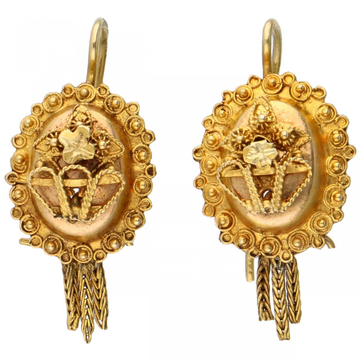 Antieke geelgouden oorhangers met filigrain en kwastje - 14 kt.