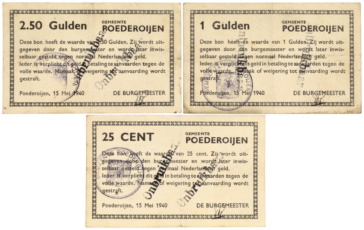 Nederland. 25 cent / 1 Gulden / 2.5 Gulden. Noodgeld. Type 1940. Type Poederoijen. - Zeer Fraai -.