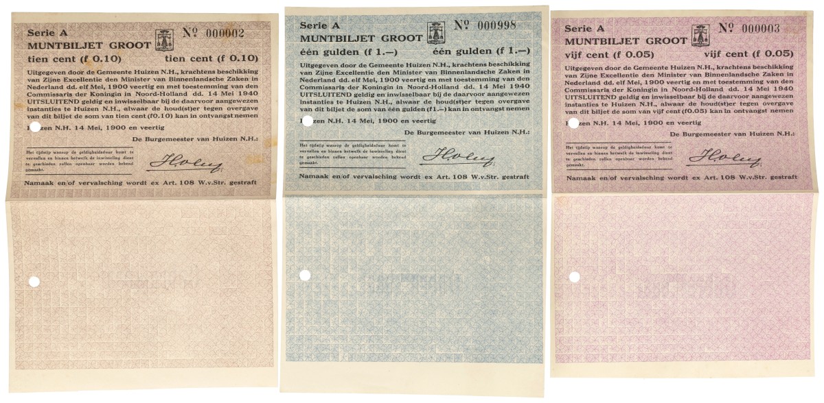 Nederland. 5 cent Prachtig / 10 cent Zeer Fraai / 1 Gulden Prachtig. Noodgeld. Type 1940. Type Huizen.