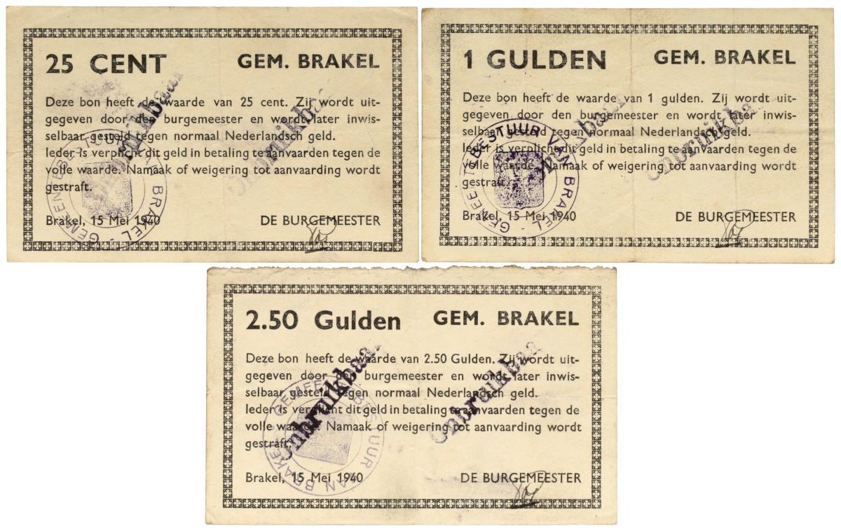 Nederland. 25 cent zeer Fraai / 1 Gulden Zeer Fraai / 2.5 Gulden Zeer Fraai. Noodgeld. Type 1940. Type Brakel.