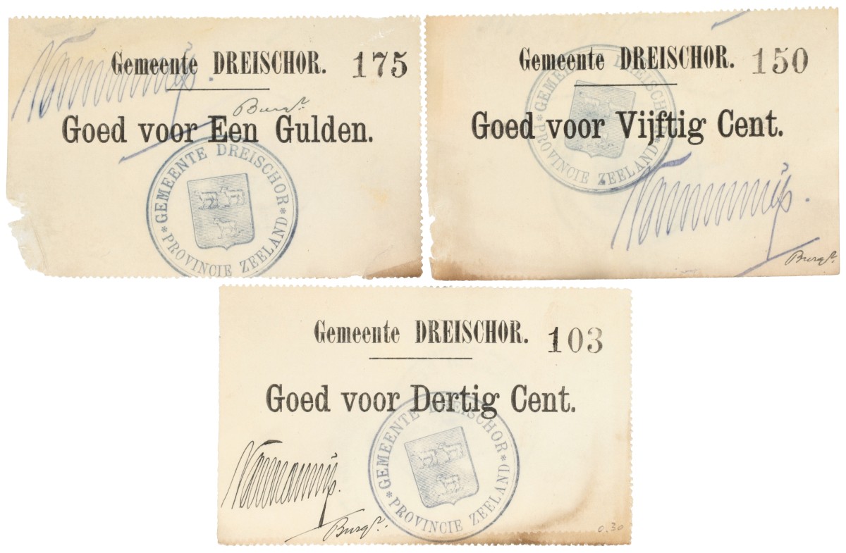 Nederland. 30 cent Prachtig / 50 cent Zeer Fraai/ 1 Gulden Zeer Fraai. Noodgeld. Type 1914. Type Dreischor.