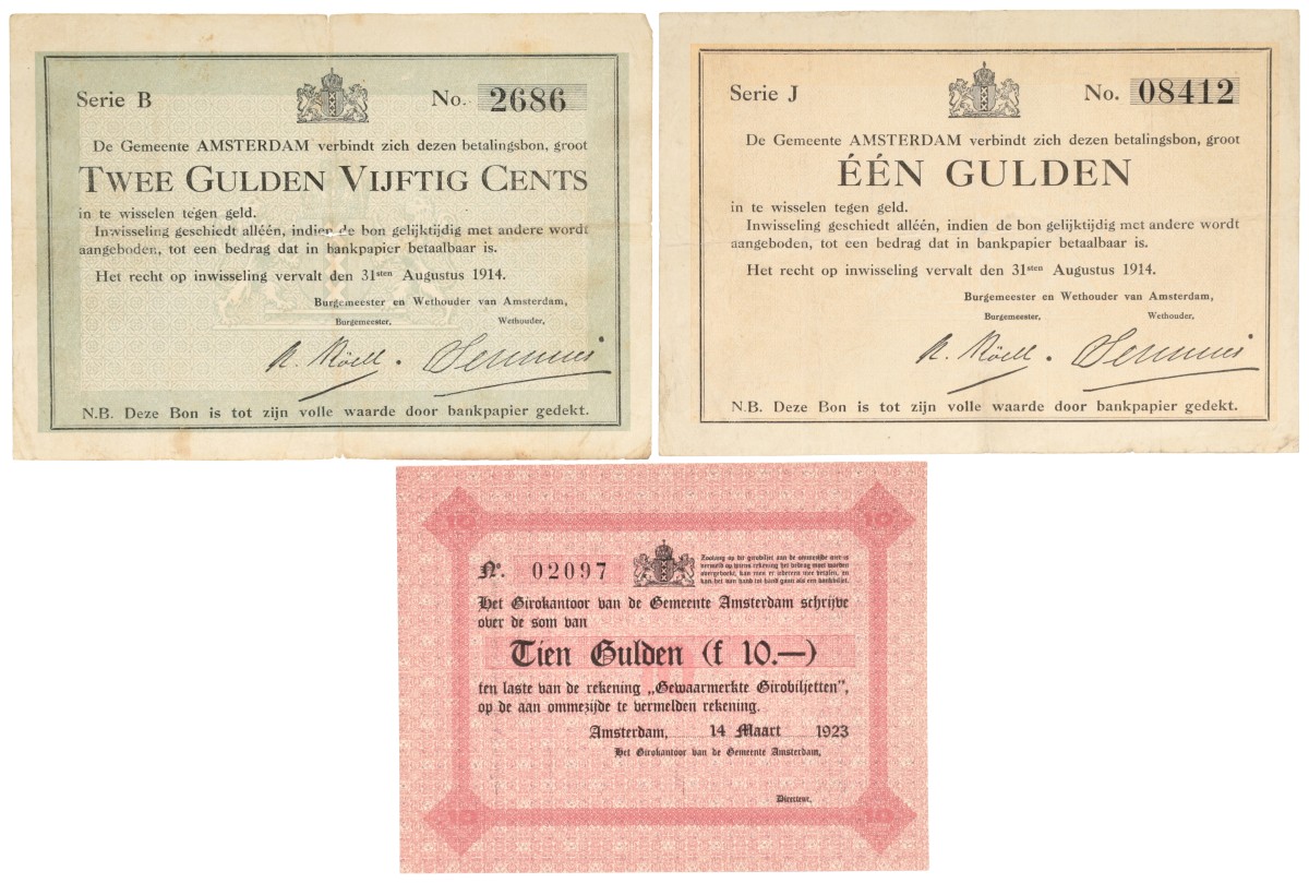 Nederland. 1 Gulden Fraai/Zeer Fraai / 2.5 Gulden Zeer Fraai / 10 Gulden UNC. Noodgeld. Type 1914 / 1923. Type Amterdam.