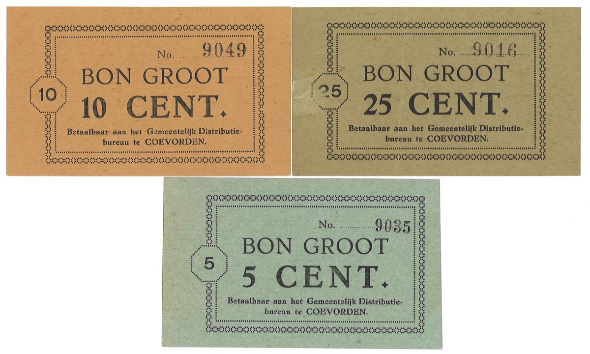 Nederland. 5 cent Prachtig / 10 cent Prachtig / 1 Gulden Zeer Fraai / 2.5 Gulden Fraai/Zeer fraai. Waardebon. Type 1914. Type Coevorden.