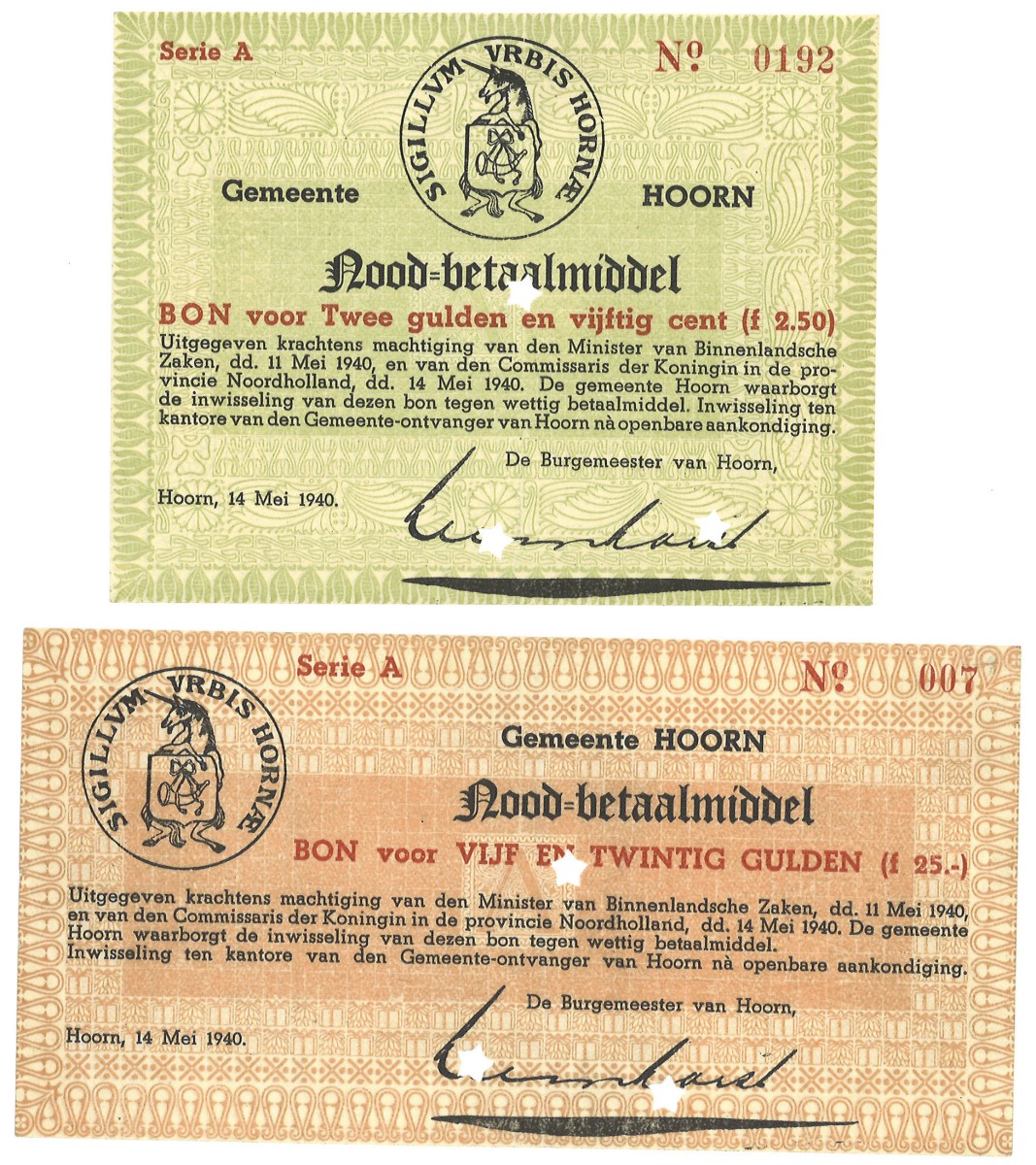 Nederland. 25 gulden Zeer Fraai / 2.5 Gulden UNC. Noodgeld. Type 1940. Type Hoorn.