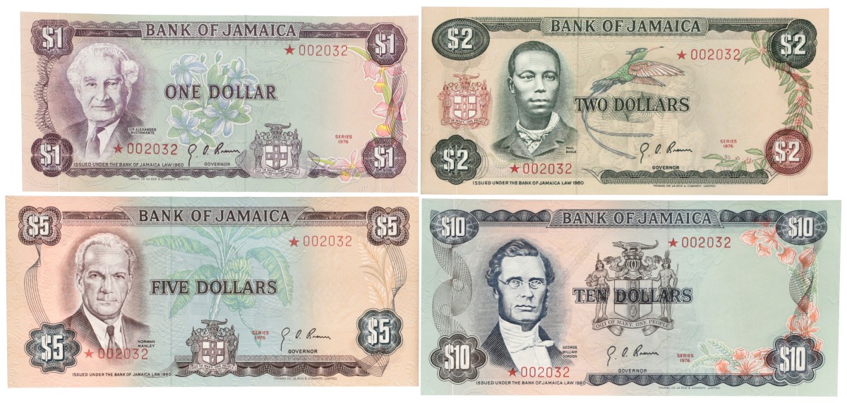 Jamaica. 1/2/5/10 Dollars. Banknotes. Type 1976. - UNC.