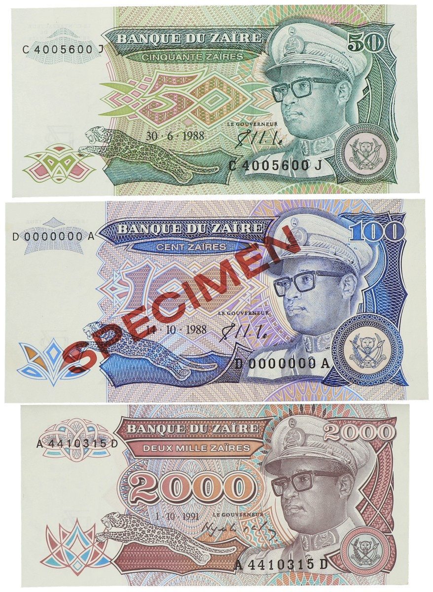 Zaïre. 50/100/2000 Zaïres. Banknotes. Type 1988-1991. - UNC.