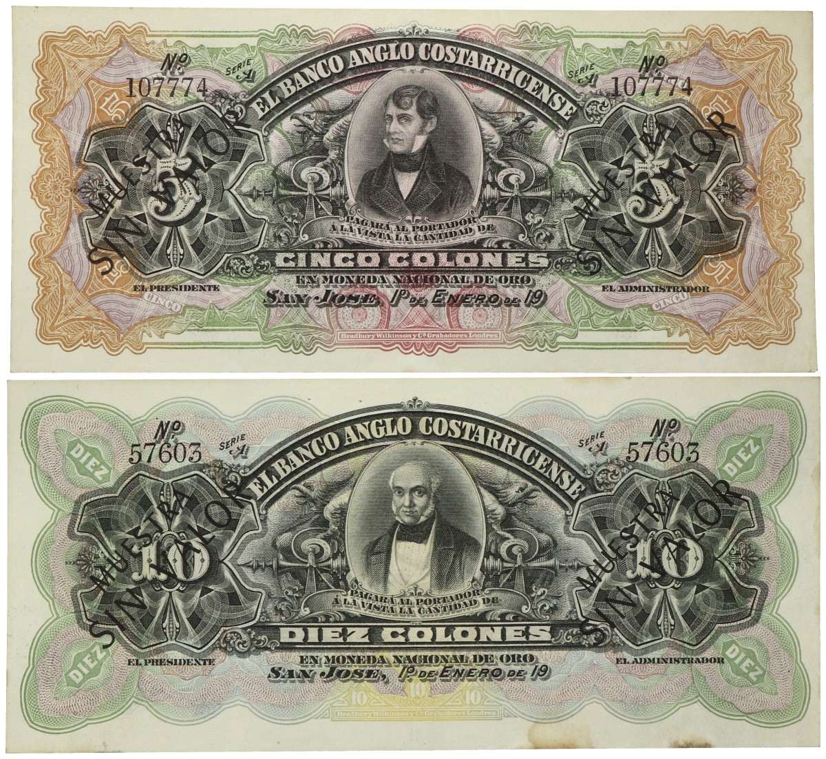 Costa Rica. 5/10 Colones. Banknotes. Type 1919. - About UNC.