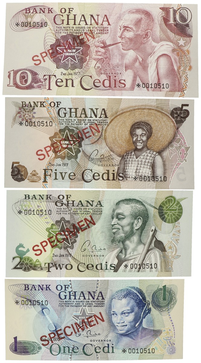 Ghana. 1/2/5/10 Cedis. Banknotes. Type 1977. - UNC.
