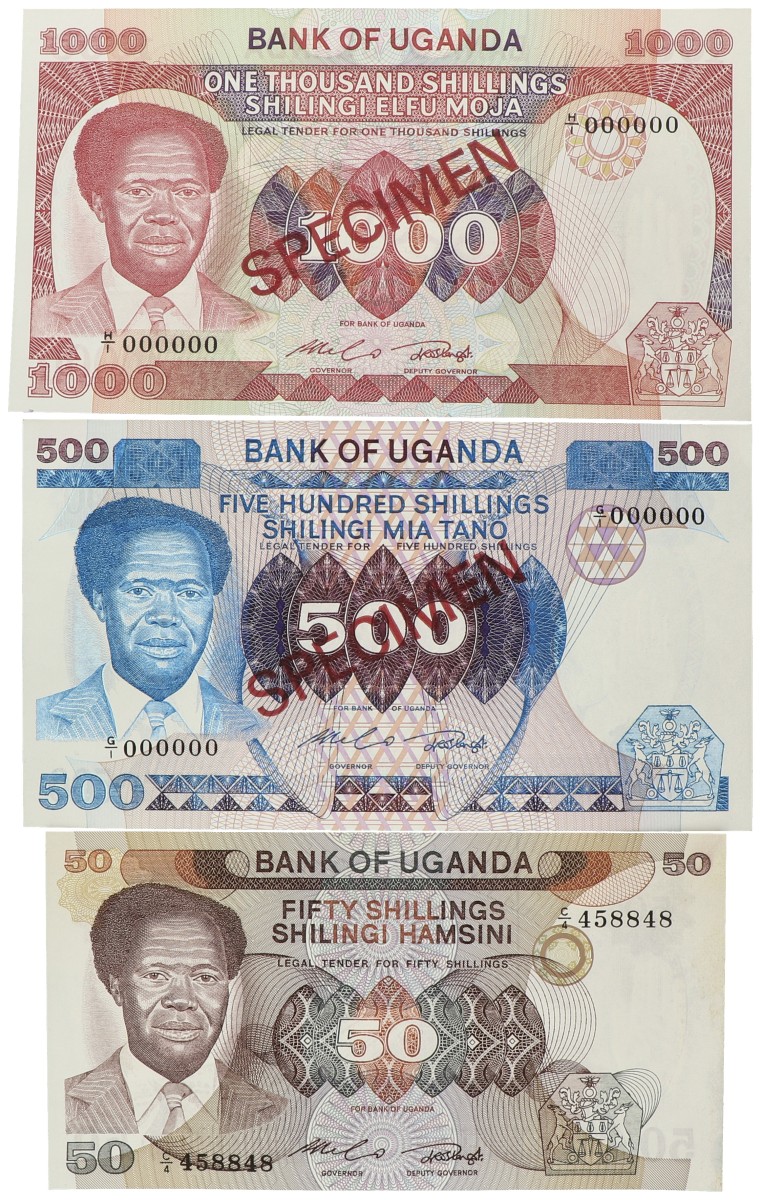 Uganda. 50/500/1000 Shillings. Banknotes. Type ND. - About UNC.