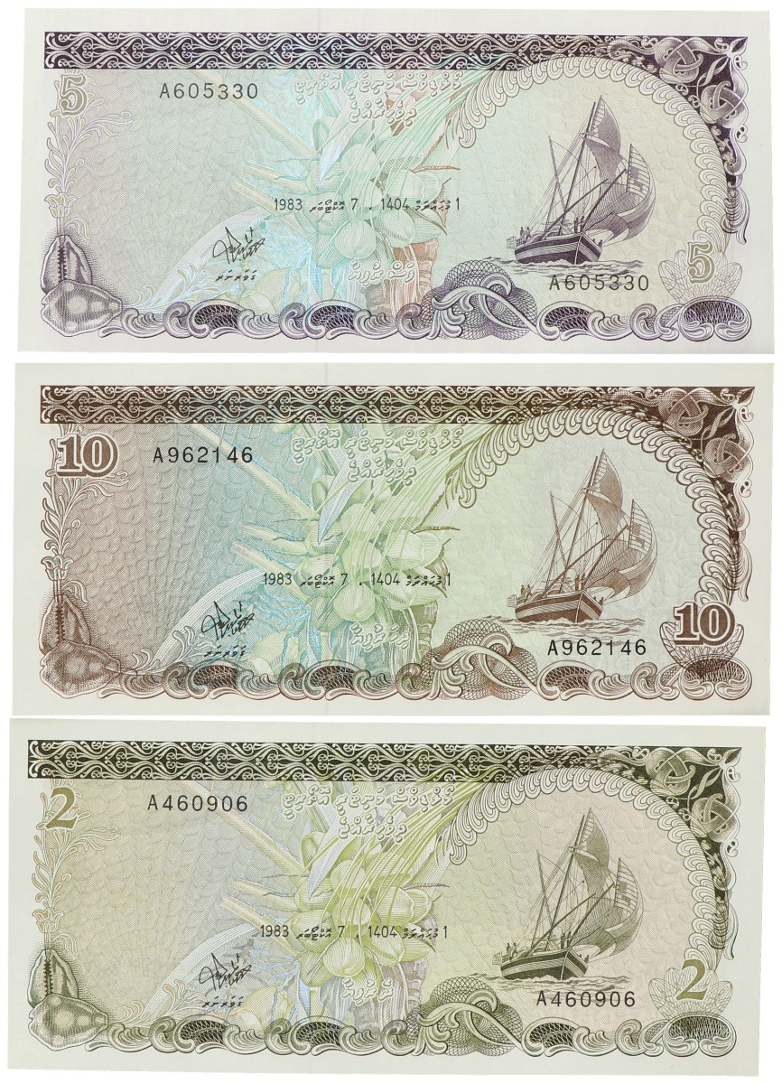 Maladives. 2/5/10 Rufiyaa. Banknotes. Type 1983. - UNC.