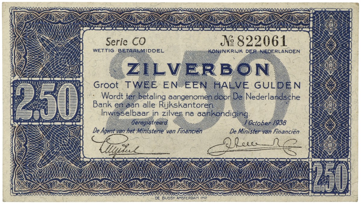 Nederland. 2½ Gulden. Zilverbon. Type 1938. - Zeer Fraai / Prachtig.