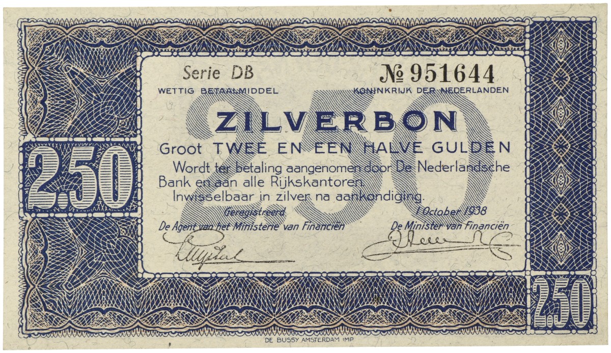 Nederland. 2½ Gulden. Zilverbon. Type 1938. - UNC.