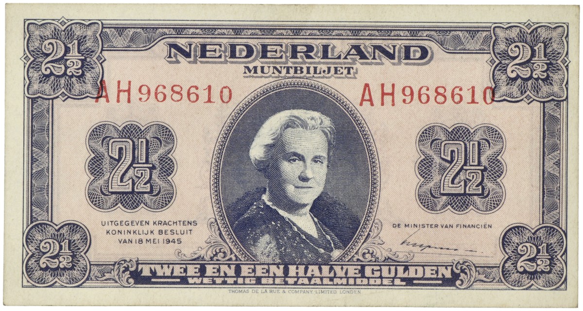 Nederland. 2½ Gulden. Muntbiljet. Type 1945. - Prachtig +.