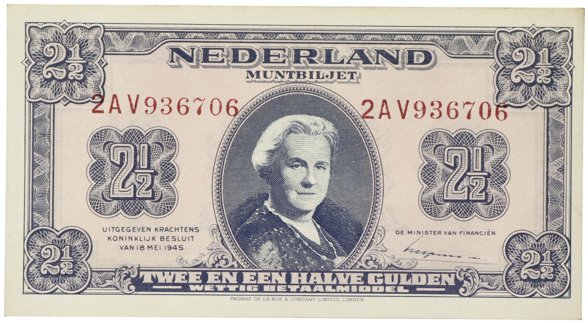 Nederland. 2½ Gulden. Muntbiljet. Type 1945. - UNC.