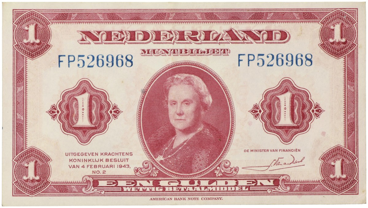 Nederland. 1 Gulden. Muntbiljet. Type 1943. - UNC.