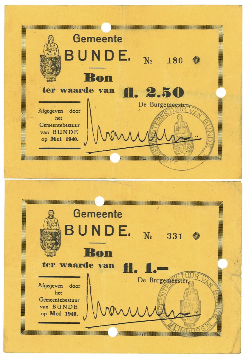 Nederland. 1 Gulden / 2.5 Gulden. Noodgeld. Type 1940. Type Bunde. - Zeer Fraai.