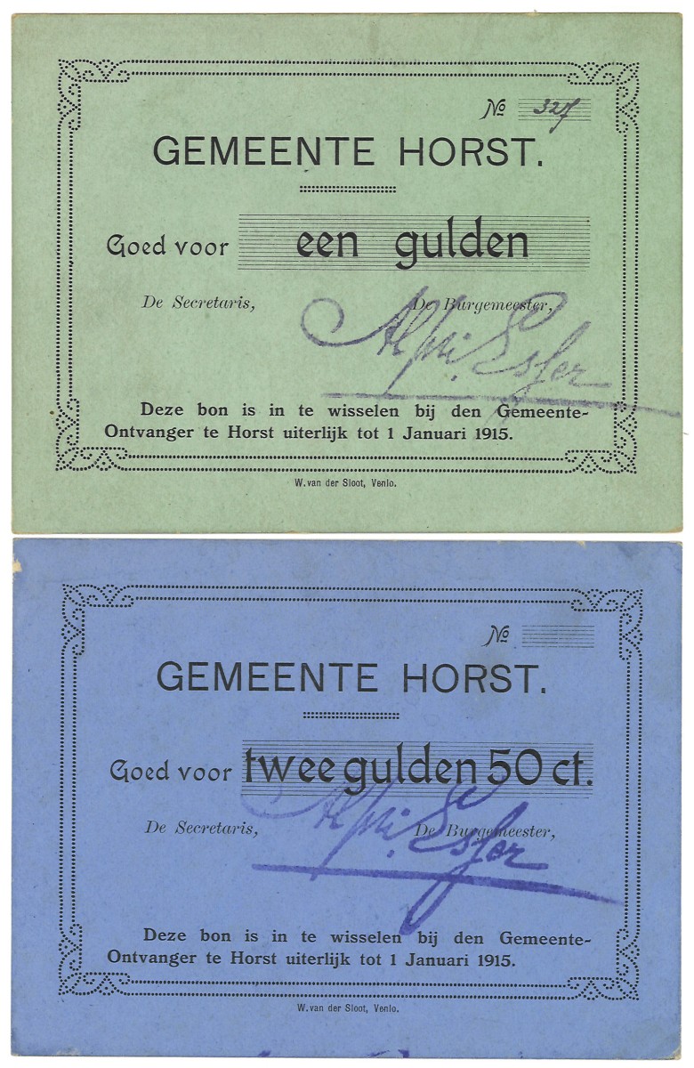 Nederland. 1 Gulden UNC / 2.5 Gulden UNC-. Noodgeld. Type 1914. Type Horst.