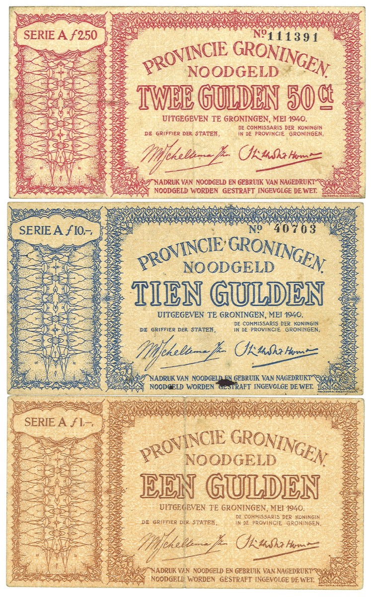 Nederland. 1 Gulden / 2.5 Gulden / 10 Gulden. Noodgeld. Type 1940. Type Groninfen. - Zeer Fraai.