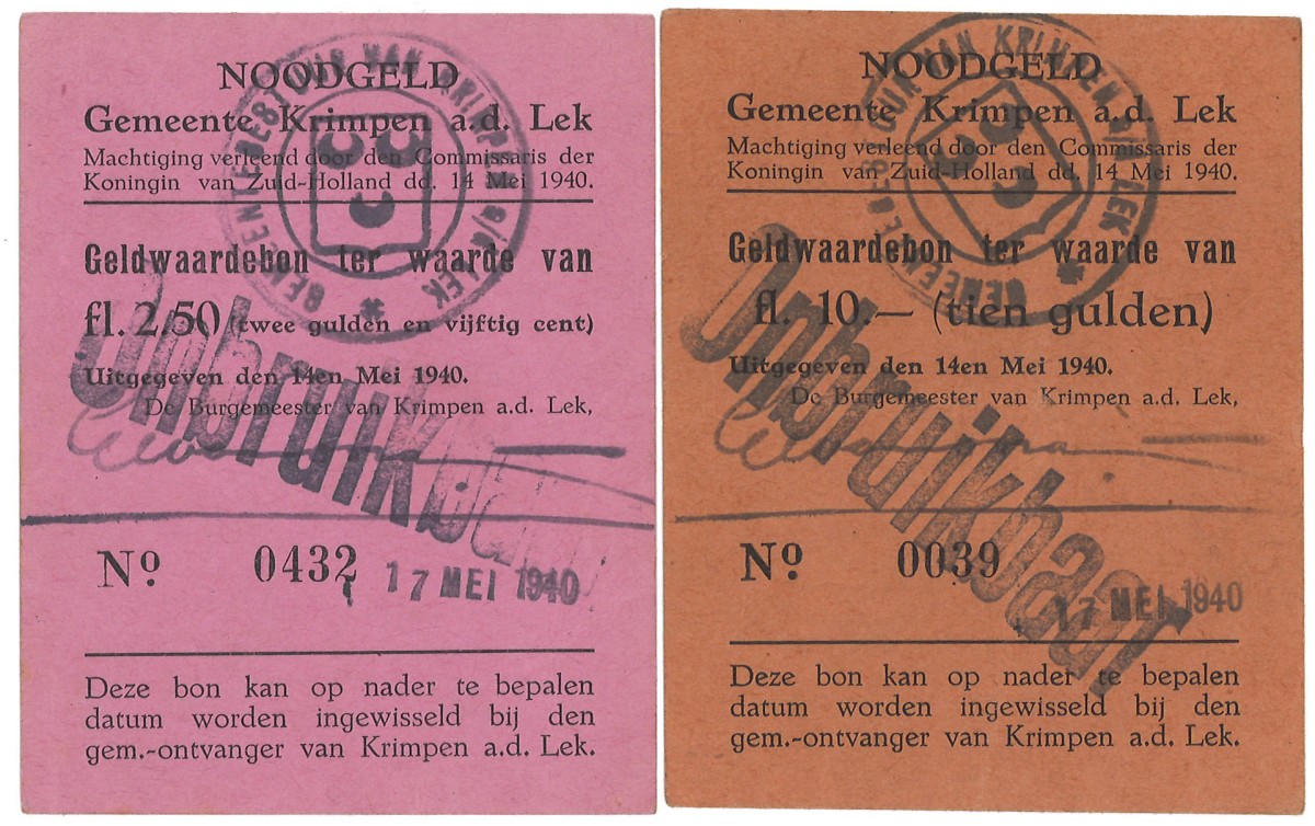 Nederland. 2.5 Gulden UNC / 10 Gulden Zeer Fraai. Noodgeld. Type 1940. Type Krimpen aan de Lek.