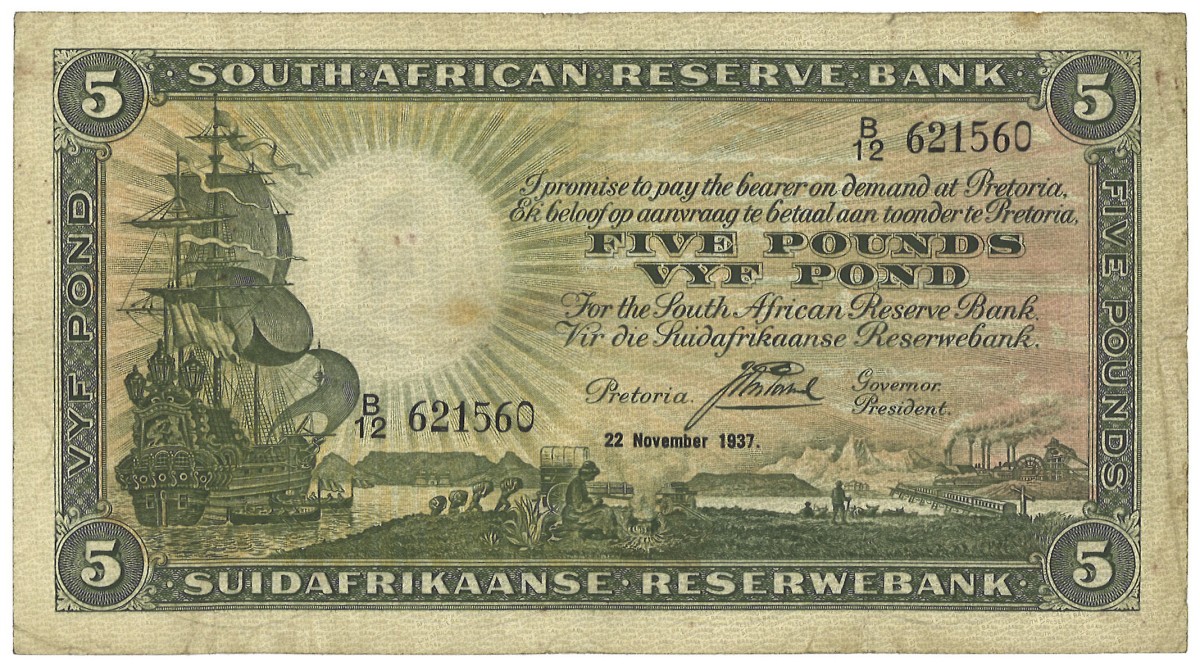 South Africa. 5 Pounds. Banknote. Type 1937. - Fine.