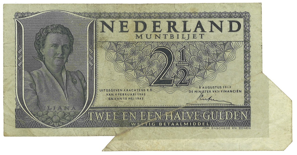 Nederland. 2½ Gulden. Misdruk. Type 1949. - Prachtig.