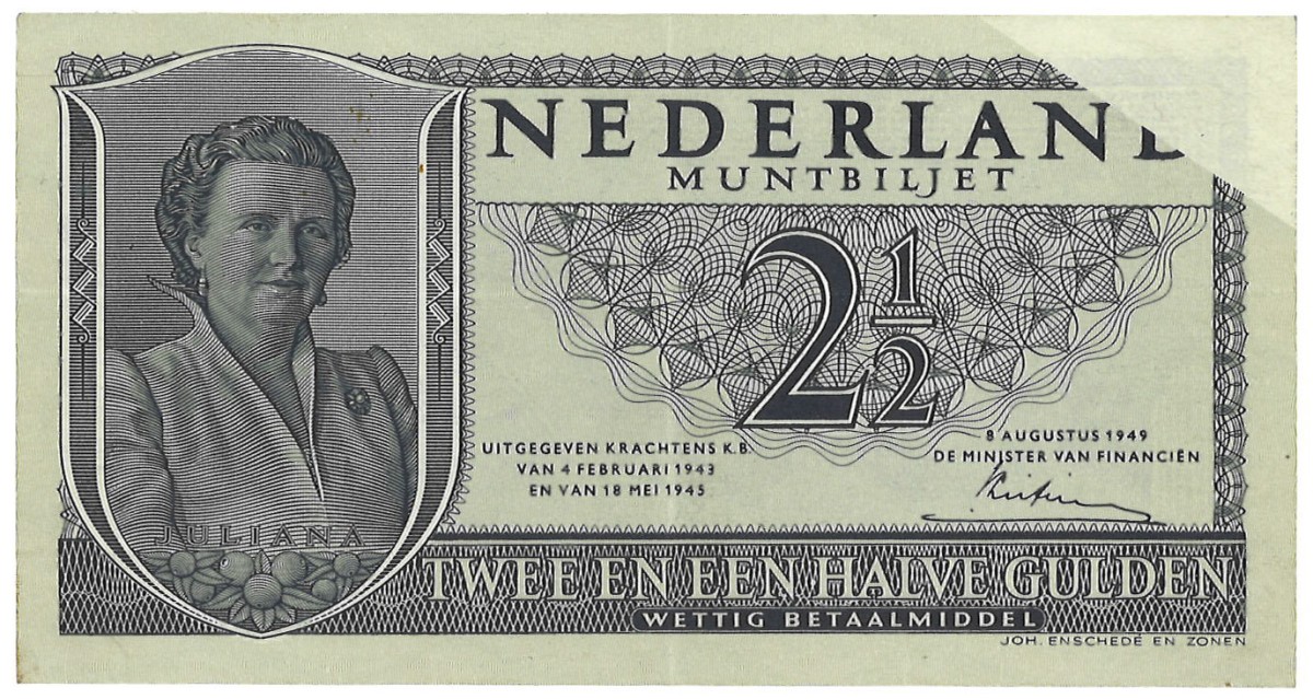 Nederland. 2½ Gulden. Misdruk. Type 1949. - Prachtig +.