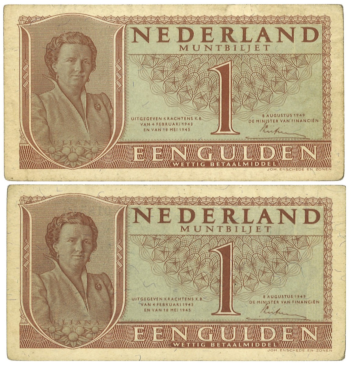 Nederland. 2x 1 Gulden. Misdruk. Type 1949. - Prachtig / UNC.